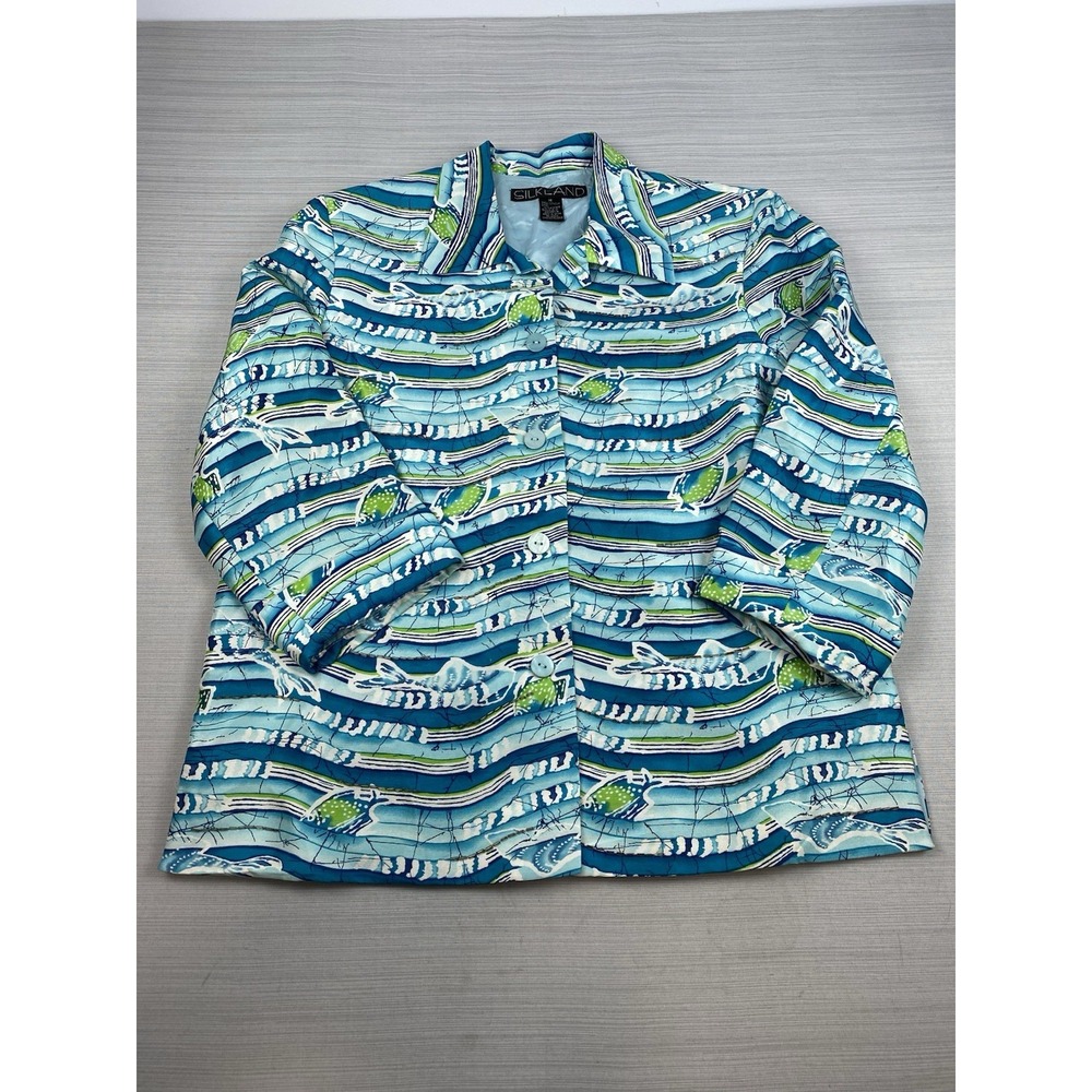Silkland Womens Blouse‎ 100% Silk Blue Size Medium Button Up 3/4 Sleeve Fish